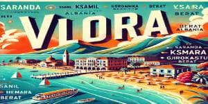 Vlora city banner with different Albanian city names near Vlora international airport